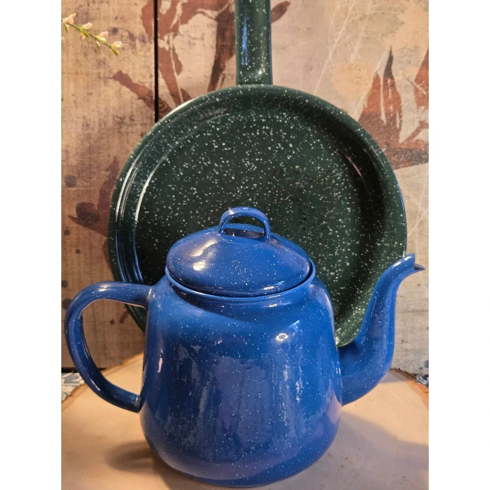 Vintage Jacaman Gift‎ Co Blue Speckled Enamel Teapot and Green Enamel Frying Pan